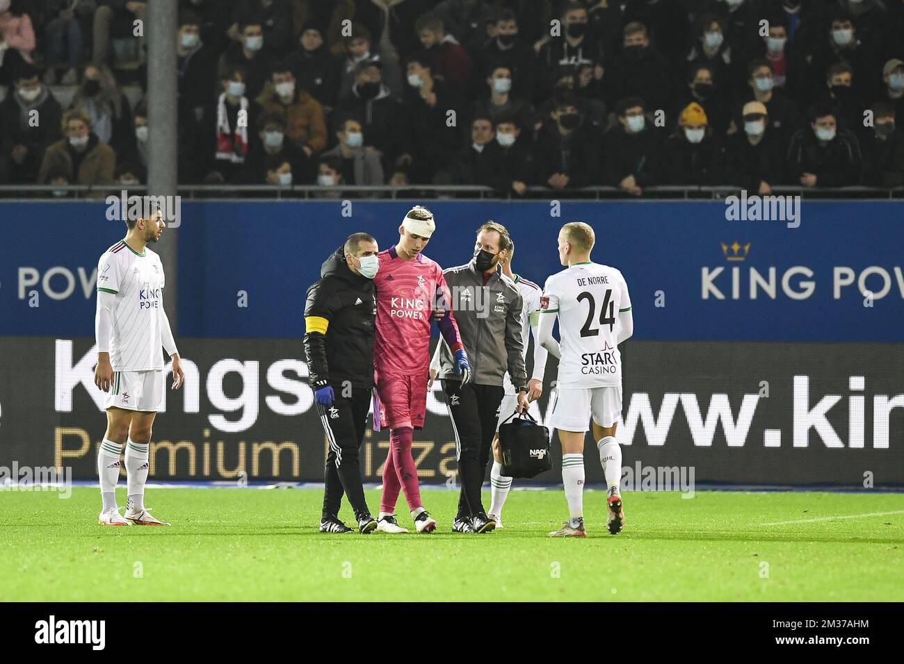 OHL's Alex Runarsson is injured during a soccer match between Oud