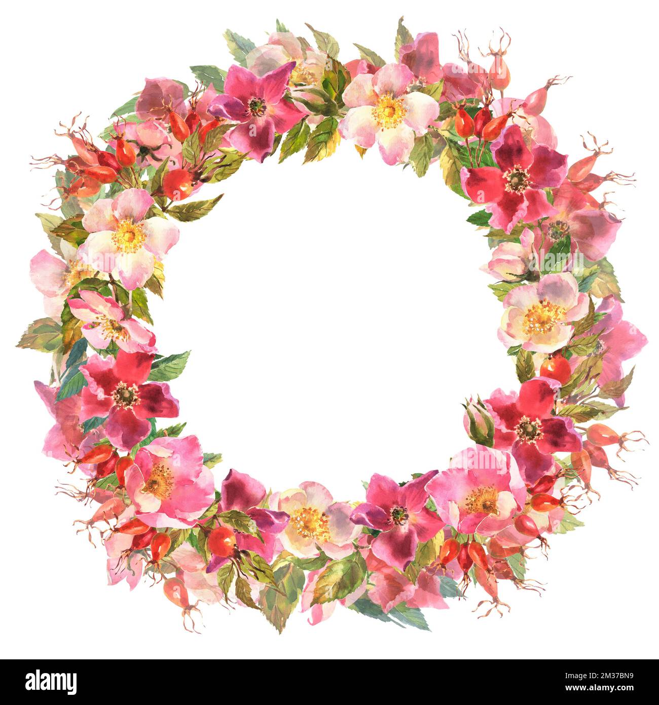 Watercolor rose hip wreath. Flowers, leaves and fruits of wild roses