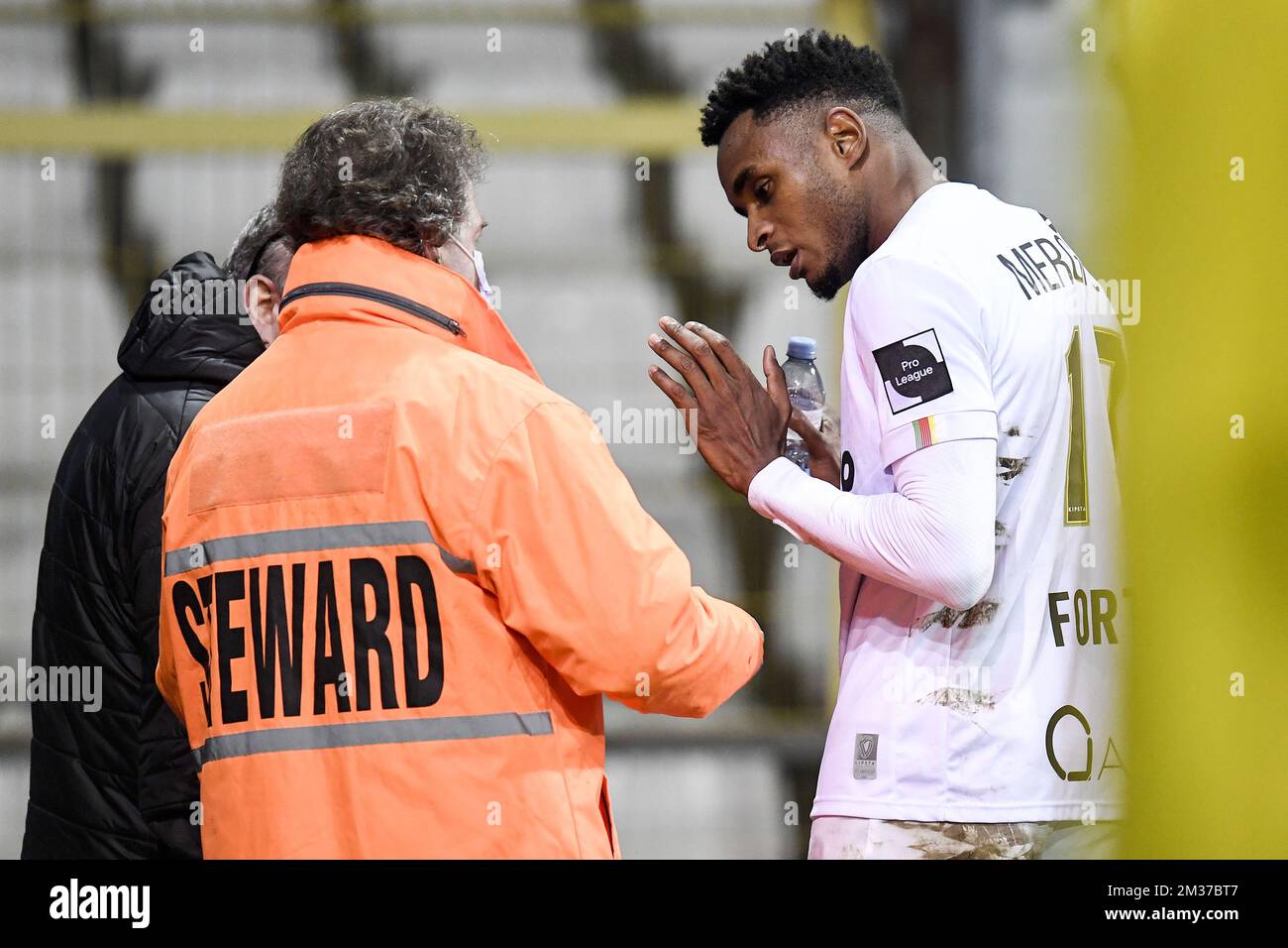 Oostende's Steven Fortes leaves the field after receiving a red card during a soccer match between Beerschot VA and KV Oostende, Saturday 18 December 2021 in Antwerp, on day 20 of the 2021-2022 'Jupiler Pro League' first division of the Belgian championship. BELGA PHOTO TOM GOYVAERTS Stock Photo