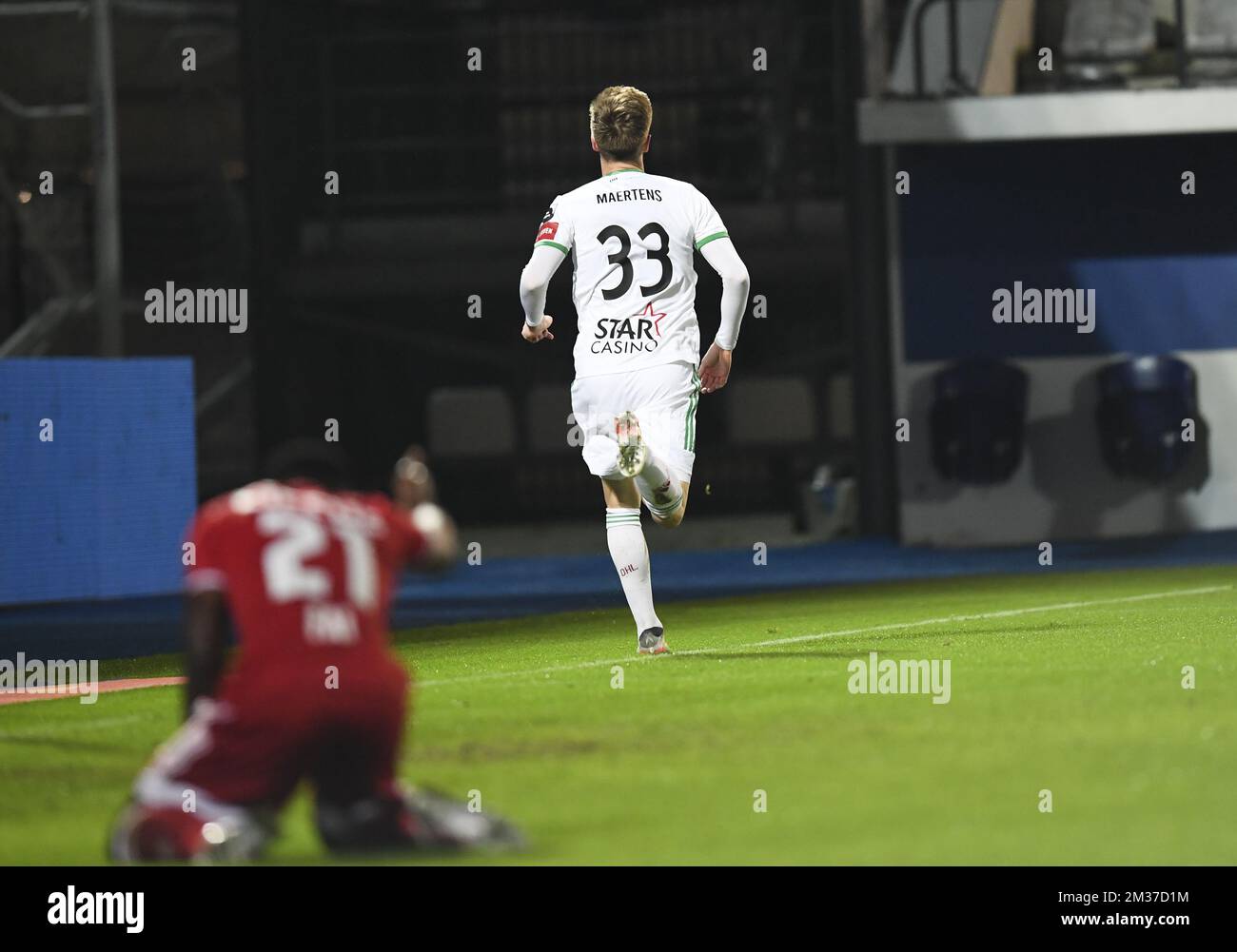 OHL's Mathieu Maertens celebrates after scoring during a soccer match