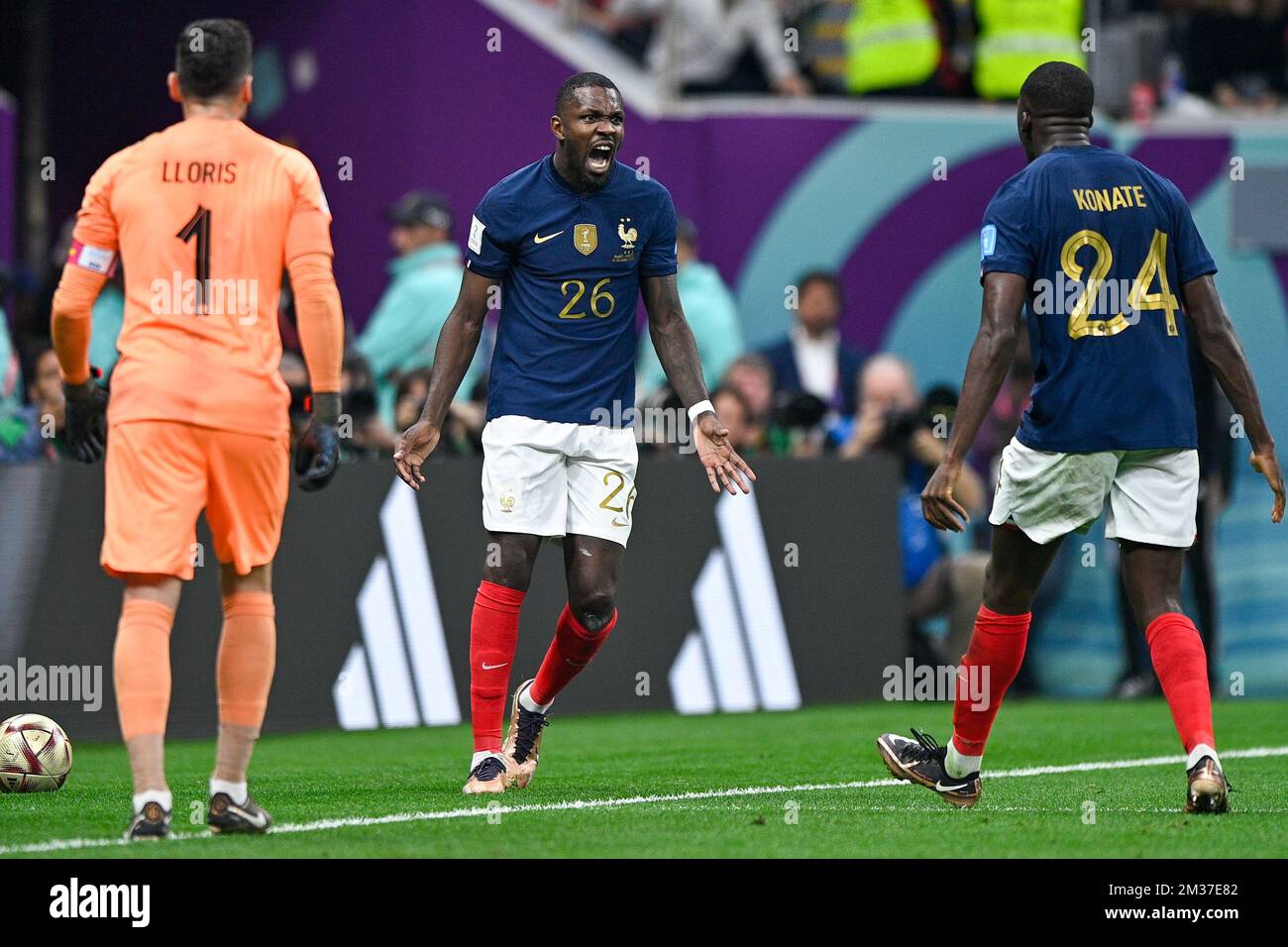 AL KHOR, QATAR - DECEMBER 14: Hugo Lloris of France, Marcus Thuram of France and Ibrahima Konate of France reacts during the Semi Final - FIFA World Cup Qatar 2022 match between France and Morocco at the Al Bayt Stadium on December 14, 2022 in Al Khor, Qatar (Photo by Pablo Morano/BSR Agency) Credit: BSR Agency/Alamy Live News Stock Photo