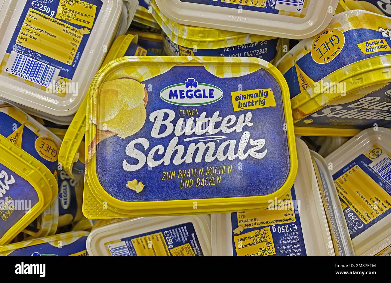 Viersen, Germany December 9. 2022 Closeup of boxes Meggle clarified