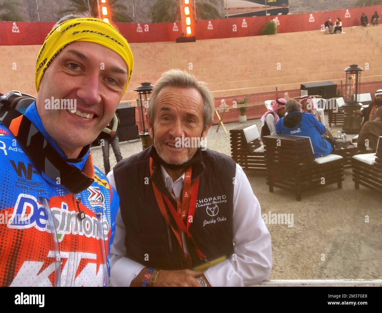 Belgian motor rider Mikael Despontin and Belgian racing legend Jacky Ickx pose for a selfie picture, as Ickx celebrates his 77th birthday, at the prologue of the 2022 Dakar Rally in Ha'll, in Saudi Arabia, Saturday 01 January 2022. The 2022 Dakar Rally, the 44th edition of the race, takes place in Saudi Arabia, from 01 to 14 January 2022. BELGA PHOTO MIKAEL DESPONTIN / ERIC DUPAIN  Stock Photo