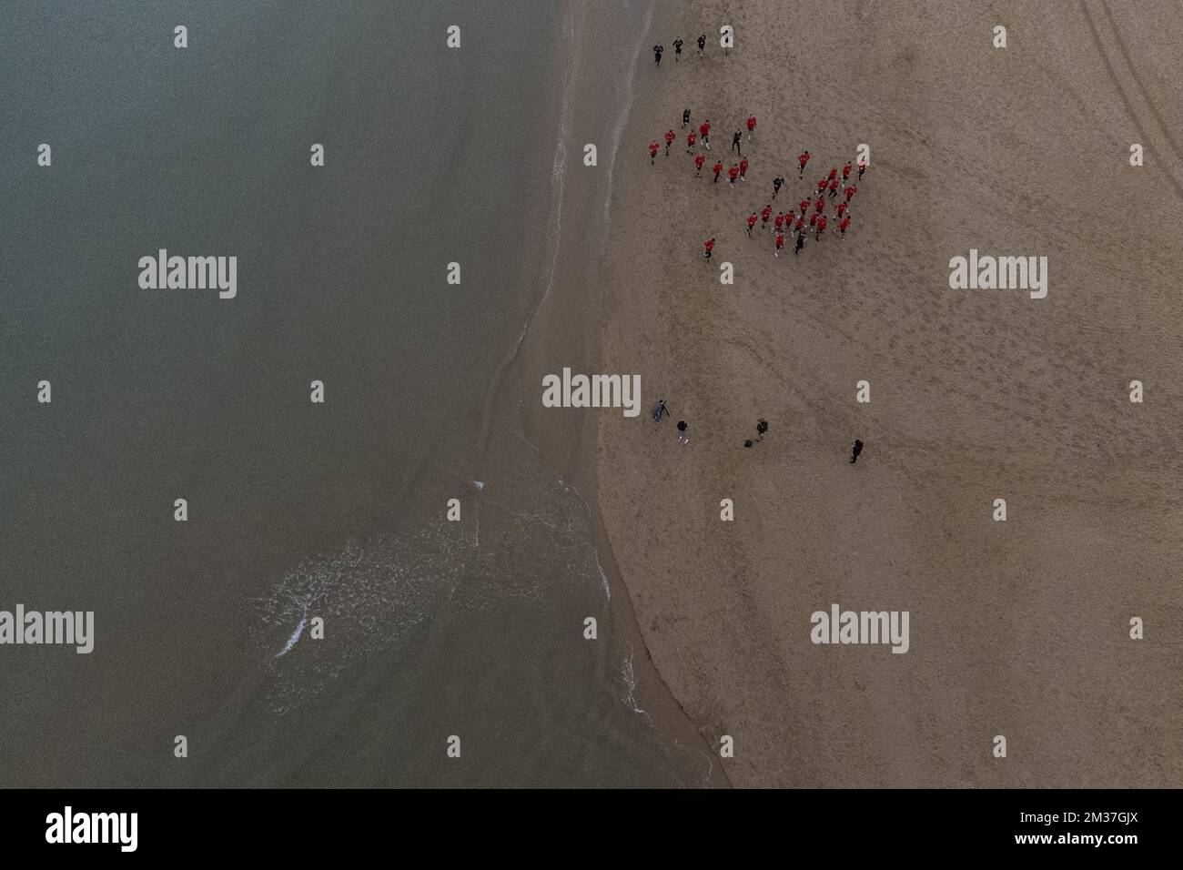 Aerial drone picture shows Mechelen's players pictured during a training session at the winter training camp of Belgian first division soccer team KV Mechelen, in Oliva, Spain, Monday 03 January 2022. BELGA PHOTO JASPER JACOBS Stock Photo