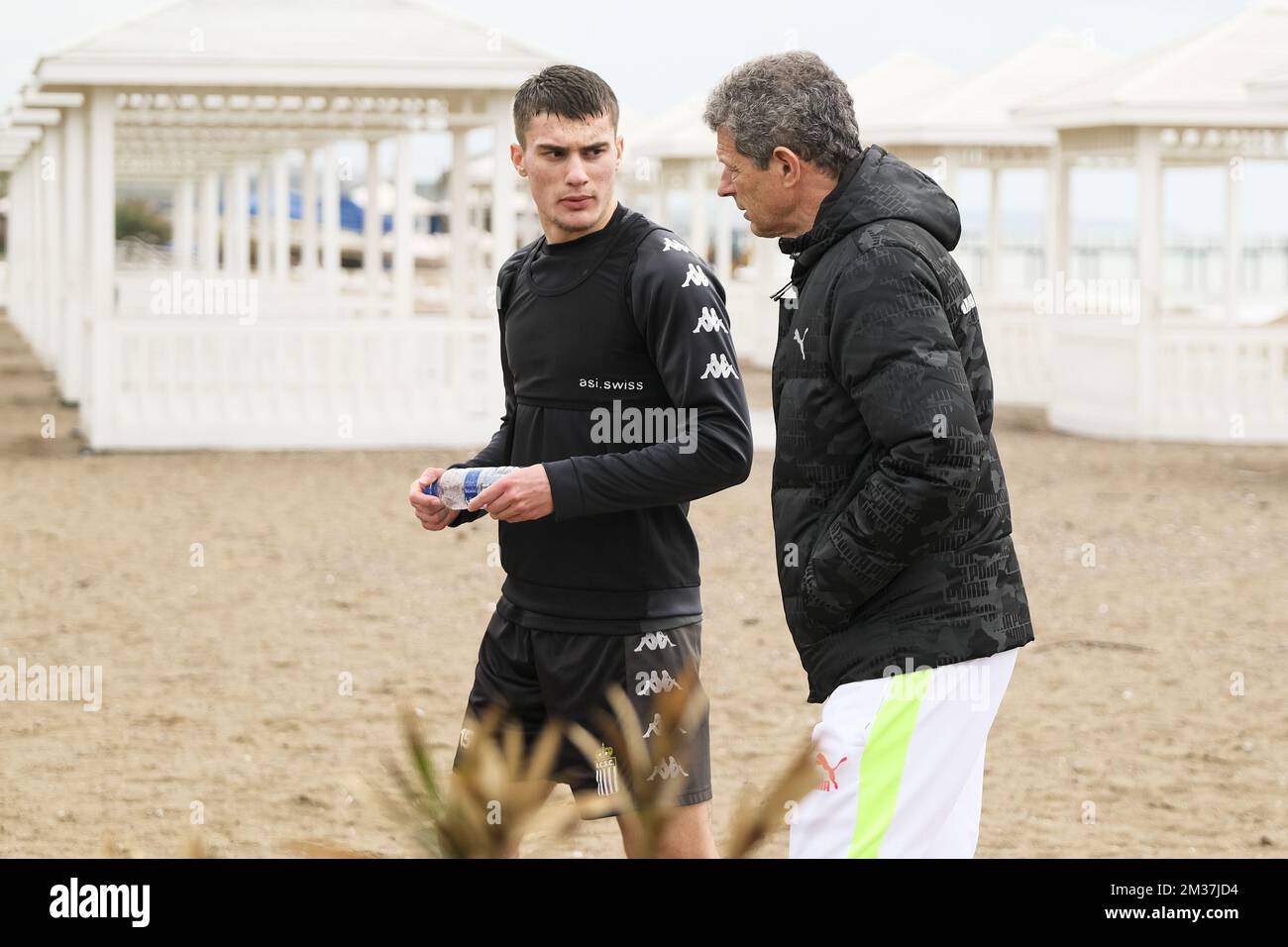 Charleroi's Anthony Descotte and Jacques Borlee pictured during a training session at the winter training camp of Belgian soccer team Sporting Charleroi in Antalya, Turkey, Thursday 06 January 2022. BELGA PHOTO NICOLAS LAMBERT Stock Photo