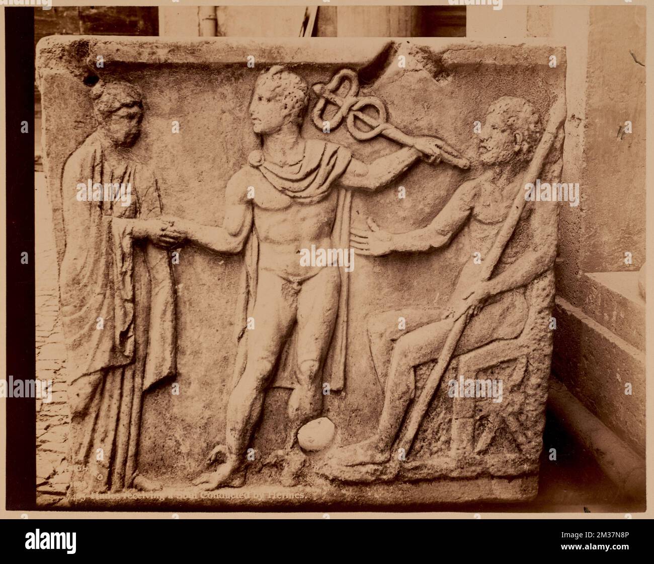 Hades receiving a soul conducted by Hermes , Antiquities, Sculpture, Gods, Hermes Greek deity