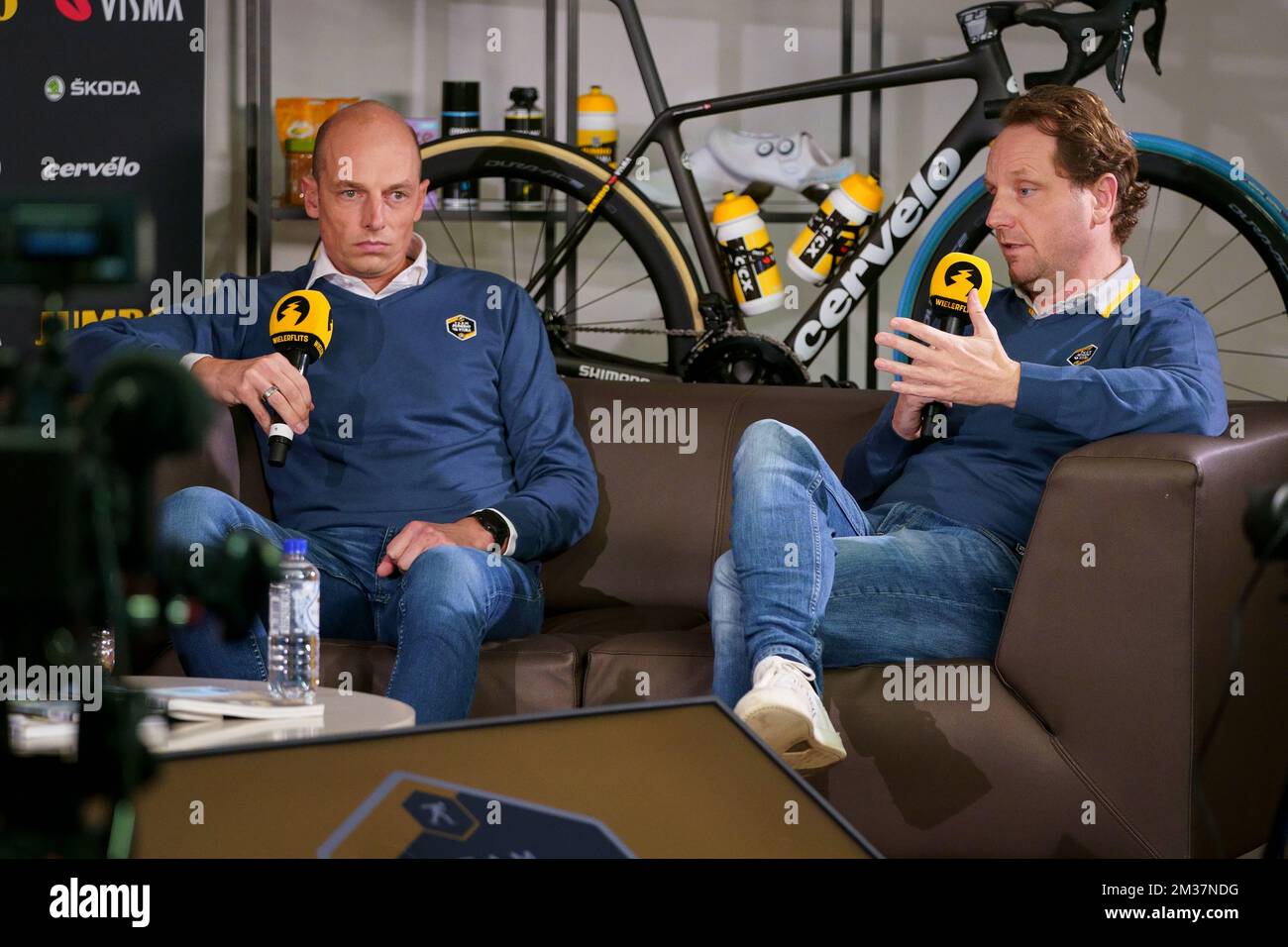 Jumbo-Visma head of performance Mathieu Heijboer and Jumbo-Visma sports  director Merijn Zeeman pictured during the media day of Dutch cycling team Jumbo  Visma in Mutxamel, Alicante, Spain, Tuesday 11 January 2022, in