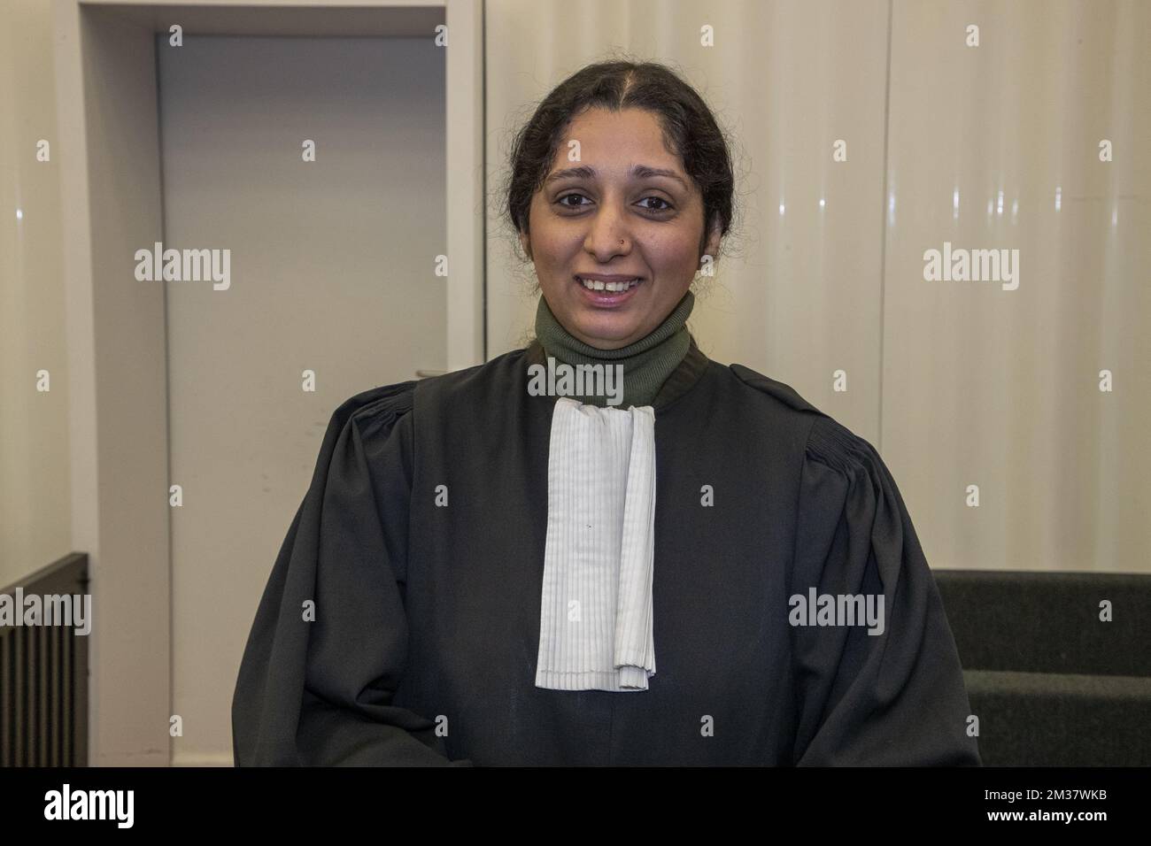 Lawyer Iftara Mohammad pictured during the first day of the assizes trial of Pierre Cornette (63), a former major in the Belgian army, before the Assizes Court of East-Flanders in Gent on Friday 21 January 2022. Cornette is accused of torture, assault and battery of partner J.W. (71). BELGA PHOTO NICOLAS MAETERLINCK Stock Photo