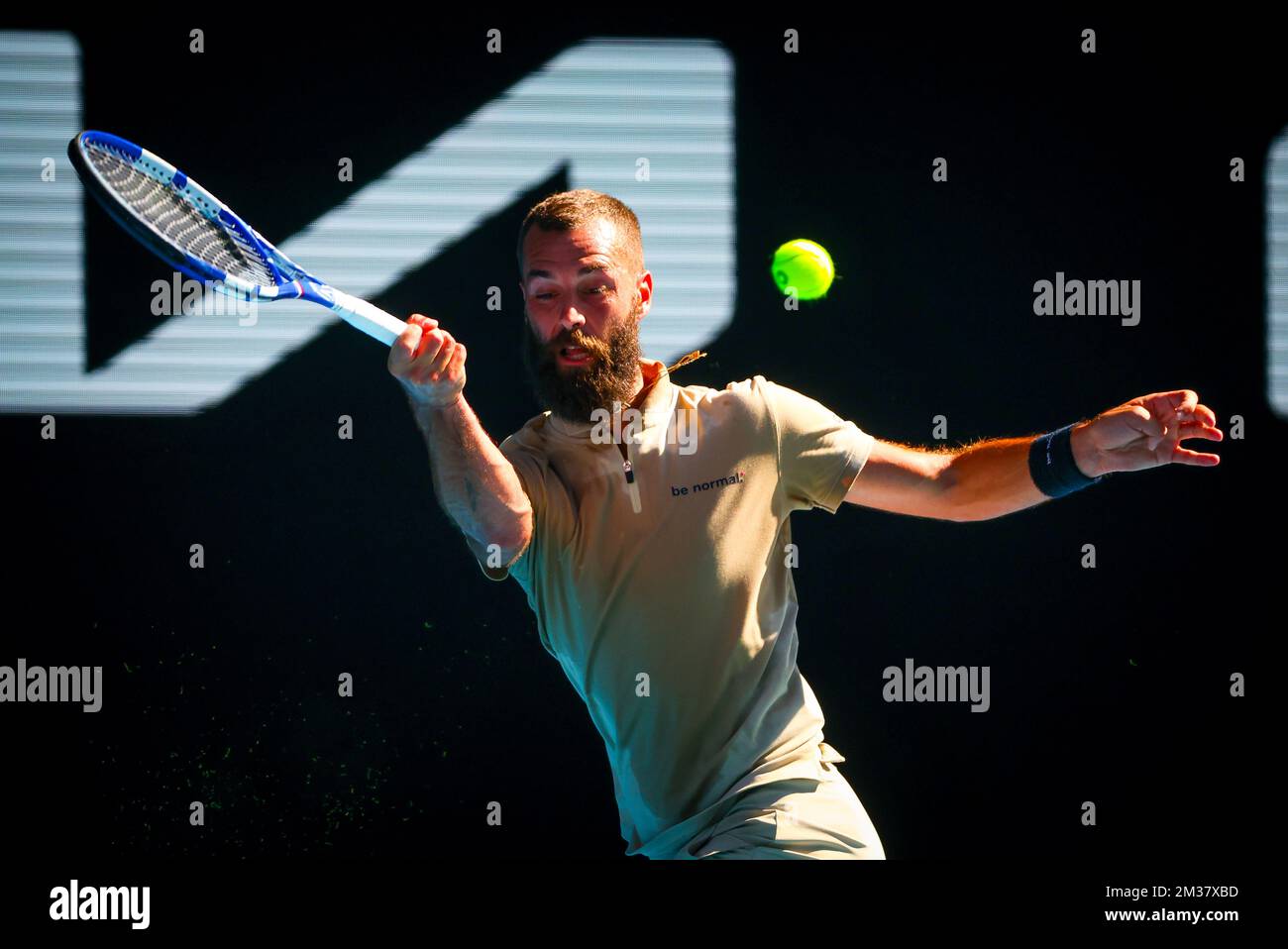 French Benoit Paire pictured in action during a tennis match between french Paire and greek Tsitsipas, in the third round of the men's singles at the 'Australian Open' Grand Slam tennis tournament, Saturday 22 January 2022 in Melbourne Park, Melbourne, Australia. The 2022 edition of the Australian Grand Slam takes place from January 17th to January 30th. BELGA PHOTO PATRICK HAMILTON Stock Photo