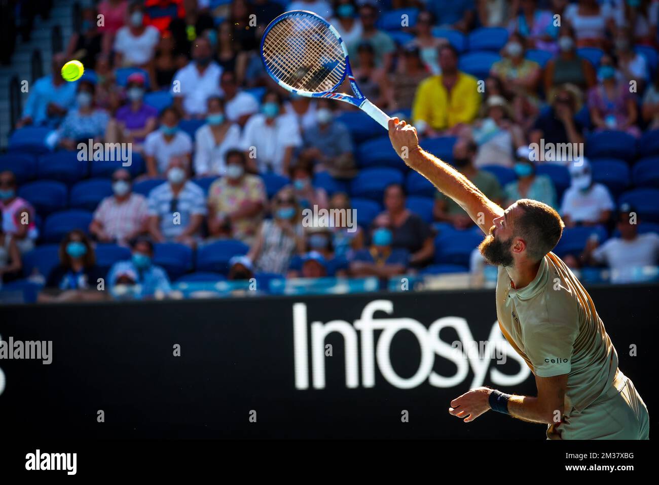 French Benoit Paire pictured in action during a tennis match between french Paire and greek Tsitsipas, in the third round of the men's singles at the 'Australian Open' Grand Slam tennis tournament, Saturday 22 January 2022 in Melbourne Park, Melbourne, Australia. The 2022 edition of the Australian Grand Slam takes place from January 17th to January 30th. BELGA PHOTO PATRICK HAMILTON Stock Photo