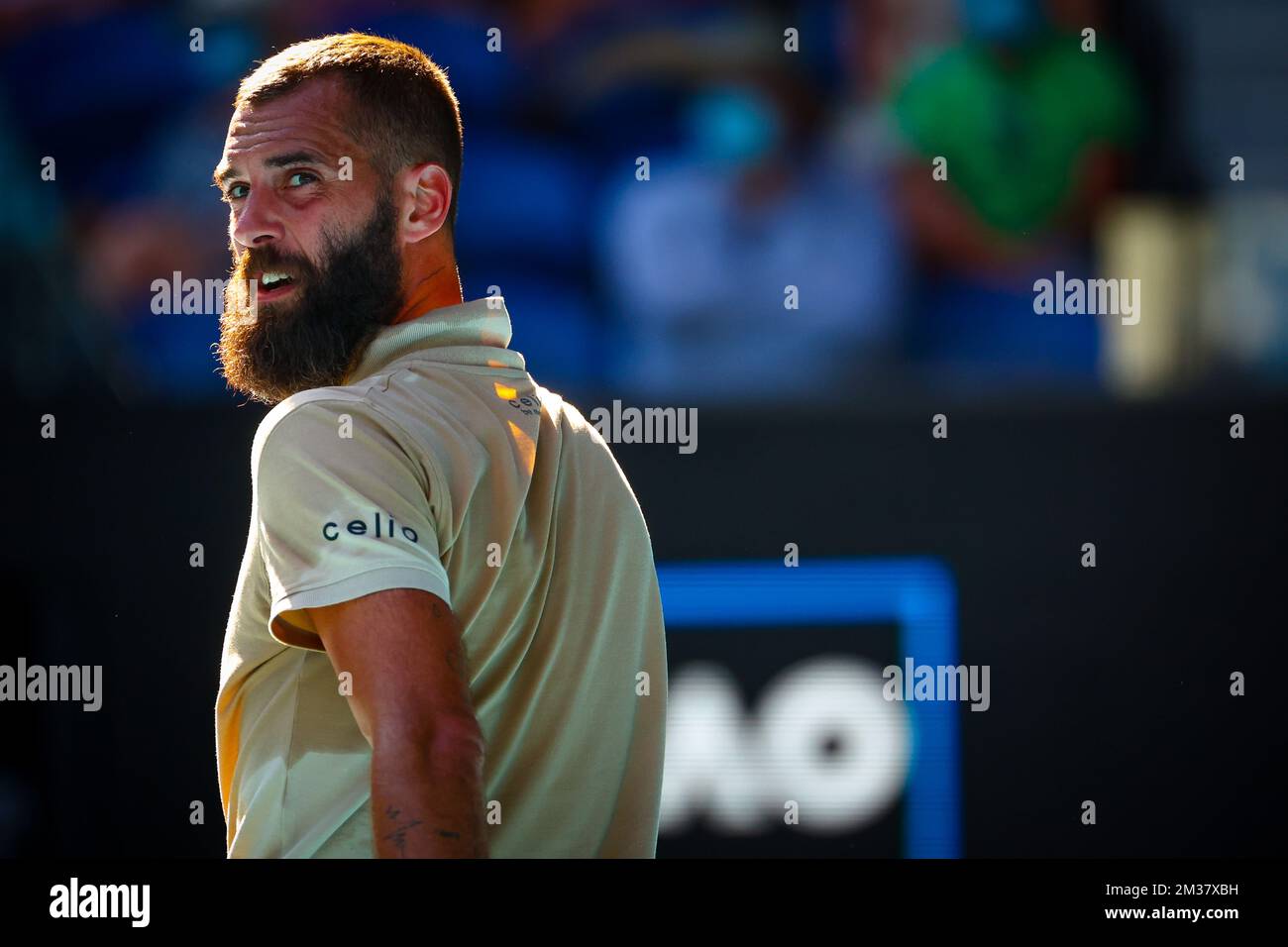 French Benoit Paire pictured during a tennis match between french Paire and greek Tsitsipas, in the third round of the men's singles at the 'Australian Open' Grand Slam tennis tournament, Saturday 22 January 2022 in Melbourne Park, Melbourne, Australia. The 2022 edition of the Australian Grand Slam takes place from January 17th to January 30th. BELGA PHOTO PATRICK HAMILTON Stock Photo