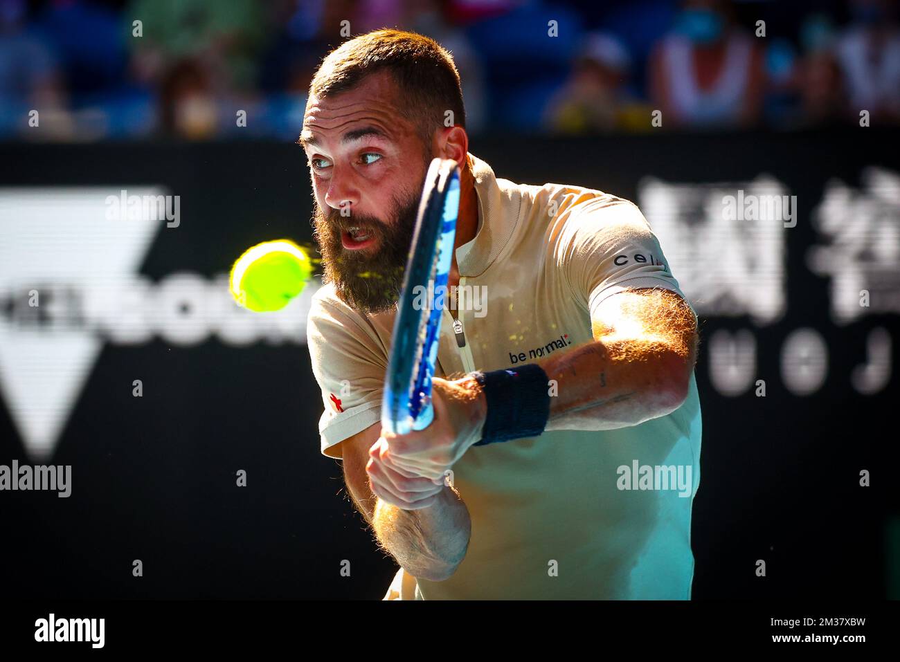 French Benoit Paire pictured in action during a tennis match between french Paire and greek Tsitsipas, in the third round of the men's singles at the 'Australian Open' Grand Slam tennis tournament, Saturday 22 January 2022 in Melbourne Park, Melbourne, Australia. The 2022 edition of the Australian Grand Slam takes place from January 17th to January 30th. BELGA PHOTO PATRICK HAMILTON Stock Photo