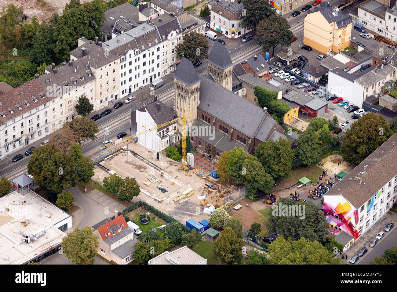 Aerial view, construction site next to Polish Catholic Mission St. Anna in Westfalenhalle district in Dortmund, Ruhr area, North Rhine-Westphalia, Ger Stock Photo