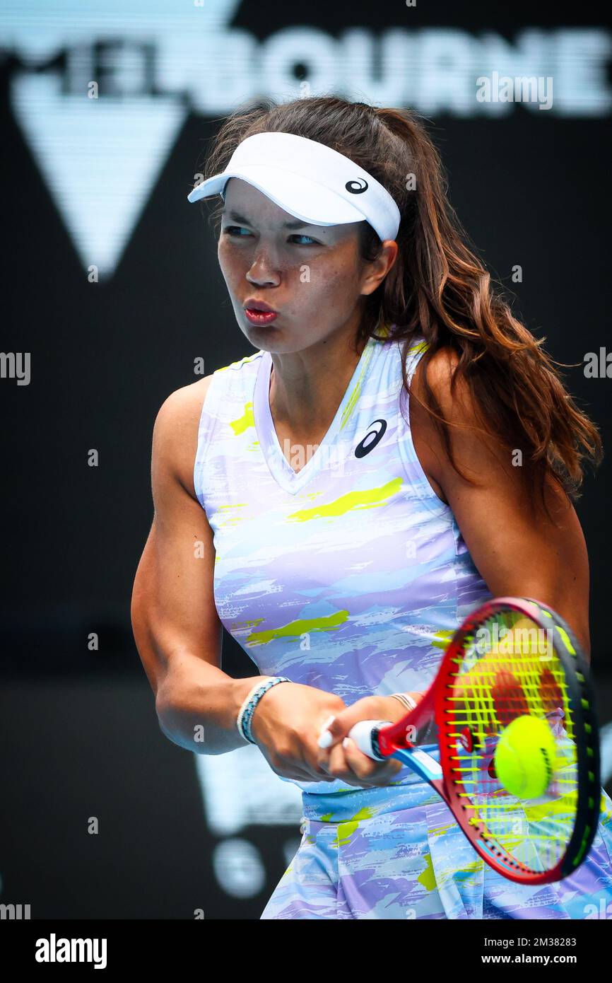 Petra Marcinko pictured in action at the final in the girls singles between  Belgian Costoulas and Croatian Marcinko at the 'Australian Open' Grand Slam  tennis tournament, Saturday 29 January 2022 in Melbourne