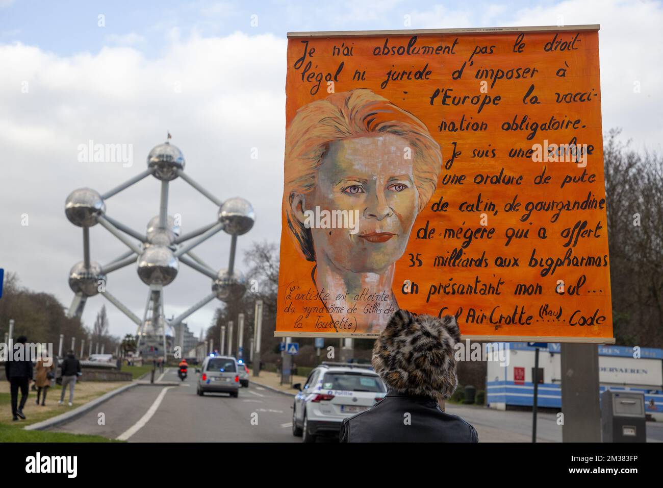 Illustration picture shows a portrait of President of the European Commission Ursula Von der Leyen on a sign, during the demonstration « Belgium United For Freedom » to fight the covid pandemic measures and ask the destitution of the federal government, Sunday 30 January 2022 in Brussels. Recent days in Belgium figures of the number of people getting infected with the omicron variant have been peaking, reaching new record amounts every day. BELGA PHOTO NICOLAS MAETERLINCK Stock Photo