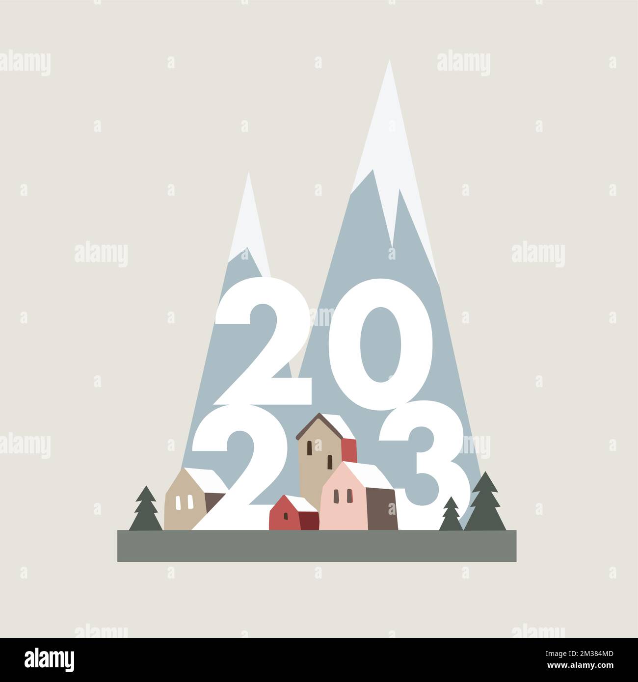 Happy New Year 2023 greeting card, invitation. Poster, web banner with colorful houses, snow and mountains. Flat design, vector illustration Stock Vector