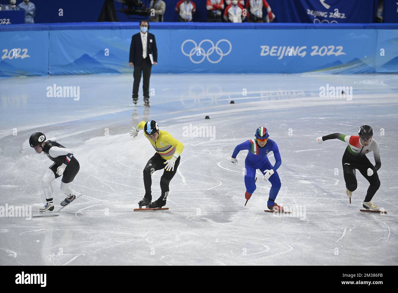 American Ryan Pivirotto, Belgian shorttrack skater Stijn Desmet, Italian Pietro Sighel and Hungarian Shaolin Sandor Liu pictured at the start of the men's Shorttrack 1000m qualifier at the Beijing 2022 Winter Olympics in Beijing, China, Saturday 05 February 2022. The winter Olympics are taking place from 4 February to 20 February 2022. BELGA PHOTO LAURIE DIEFFEMBACQ  Stock Photo