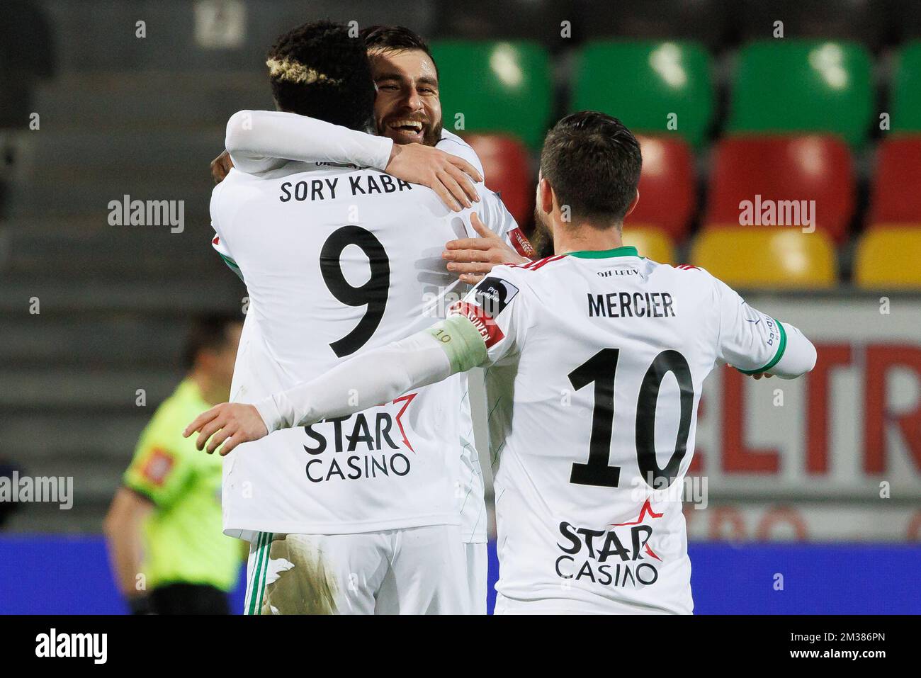 OHL's Levan Shengelia celebrates after scoring during a soccer match