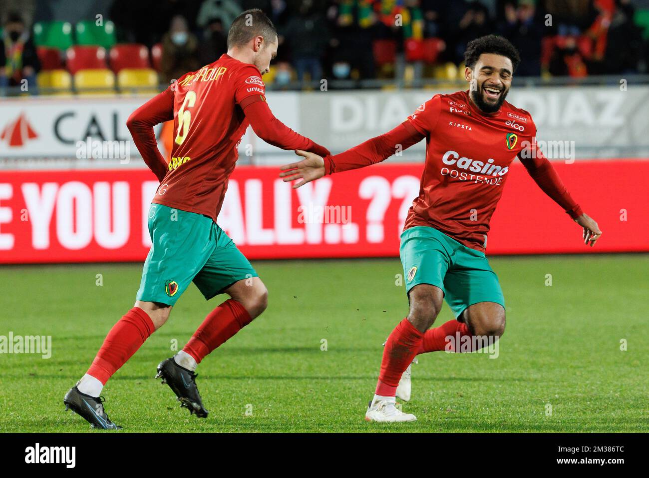 Oostende's Maxime D'Arpino celebrates after scoring during a soccer