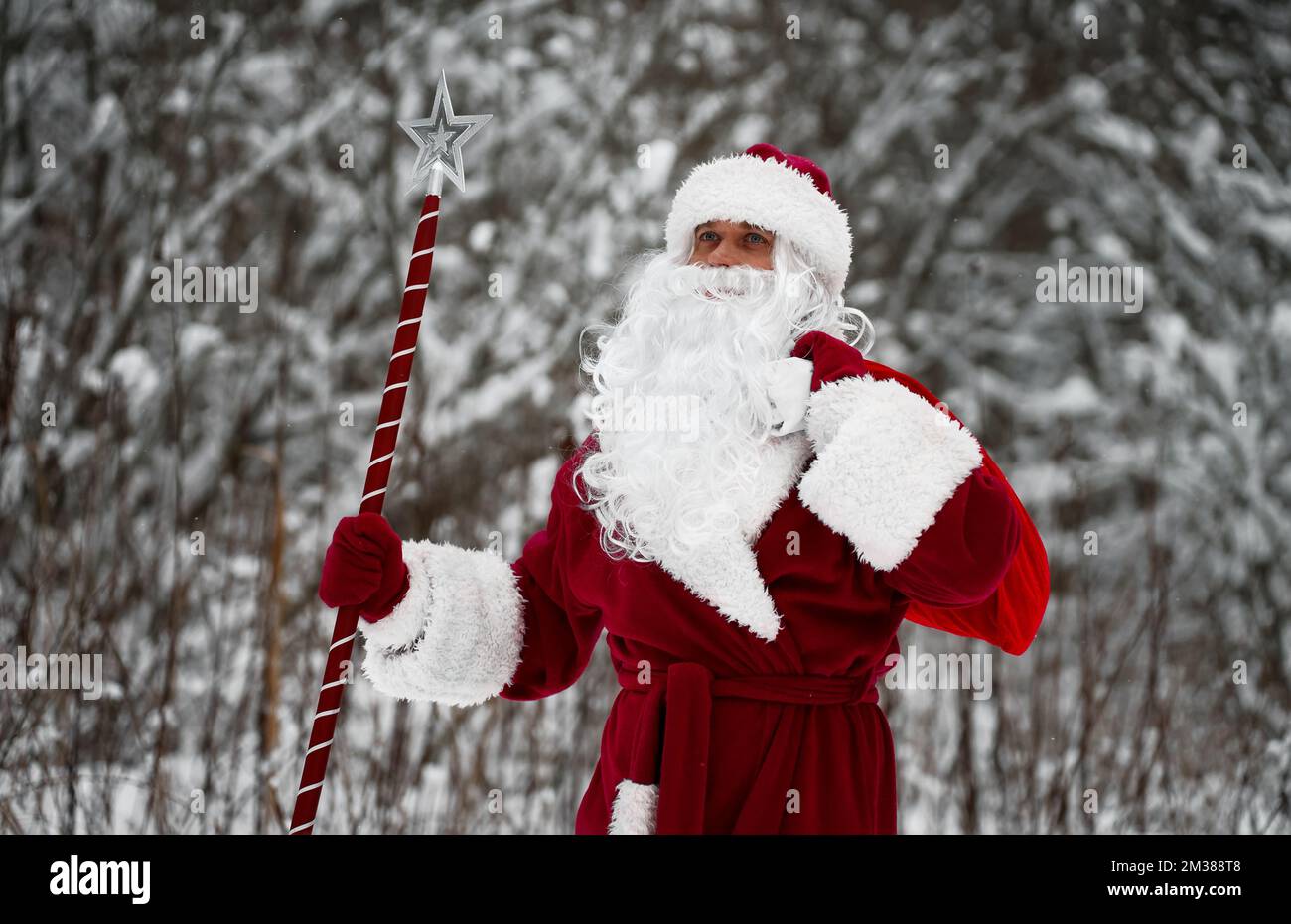 Santa Claus with bag of Christmas gifts is walking in snow forest. Stock Photo