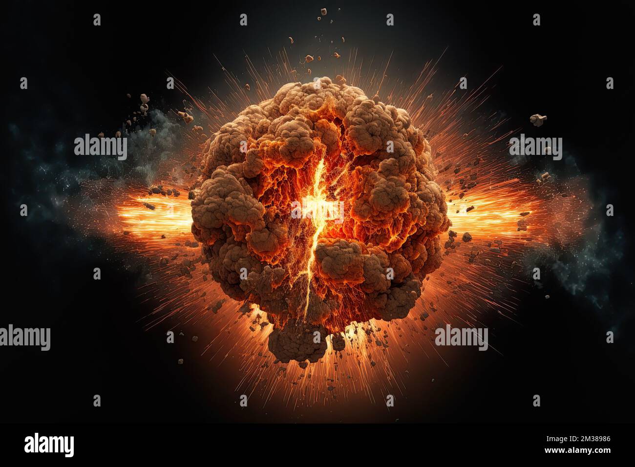 fireball created by a nuclear explosion on a war-torn space and world explosion. A nuclear explosion fireball in a nuclear mushroom cloud of an Stock Photo