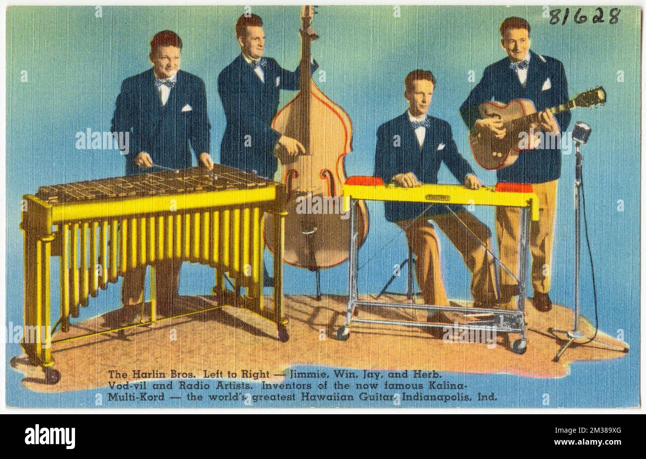 The Harlin Bros. left to right -- Jimmie, Win, Jay and Herb. Vod-vil and radio artists. Inventors of the now famous Kalinda-Multi-Kord -- the world's greatest Hawaiian Guitar, Indianapolis, Ind. , Tichnor Brothers Collection, postcards of the United States Stock Photo