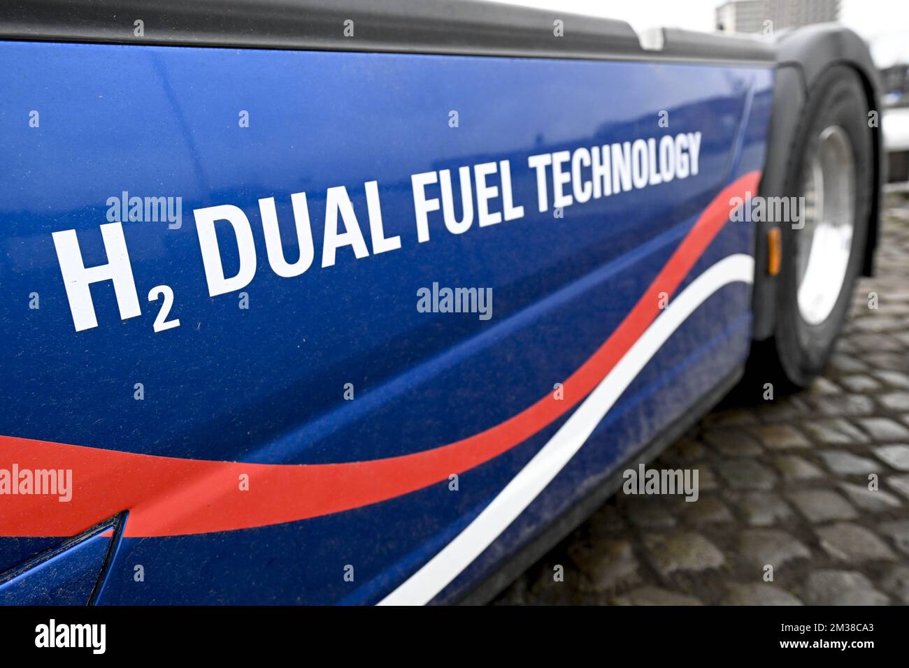 Illustration picture shows a truck with hydrogen fuel technology during a visit to the Port of