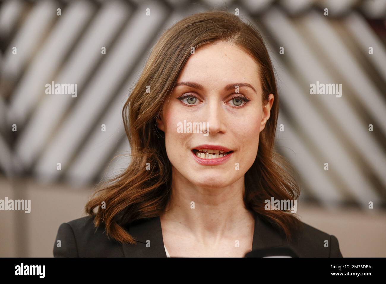 Finland Prime Minister Sanna Marin pictured at the arrival on the first day of an African - European EU summit meeting, Thursday 17 February 2022, at the European Union headquarters in Brussels. BELGA PHOTO NICOLAS MAETERLINCK Stock Photo