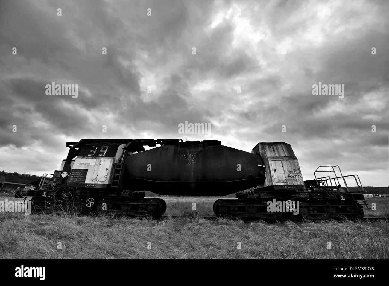 Illustration picture shows a torpedo wagon during a press visit to demolition works on the disused industrial site of ArcelorMittal in Chertal, Oupeye, Friday 18 February 2022. Last summer, the competent ministers granted combined permits for the demolition of above-ground installations on the sites of, among others, Chertal (Oupeye/Herstal). The demolition works cover 131 of the 180 hectares in Chertal. This process of deconstruction is necessary for the continuation of environmental studies that will subsequently allow the remediation of the soil of these sites. The materials and waste gener Stock Photo
