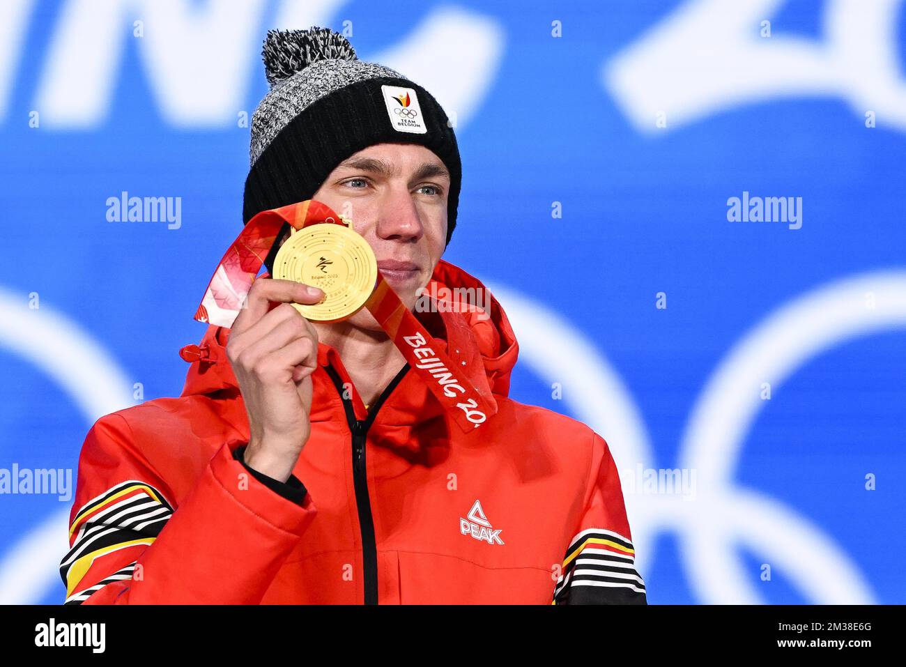 Belgian speed skater Bart Swings, winner of the gold medal celebrates on the podium during the medal ceremony of the men's mass start speed skating event at the Beijing 2022 Winter Olympics in Beijing, China, Saturday 19 February 2022. Bart Swings won the gold medal. The winter Olympics are taking place from 4 February to 20 February 2022. BELGA PHOTO LAURIE DIEFFEMBACQ Stock Photo