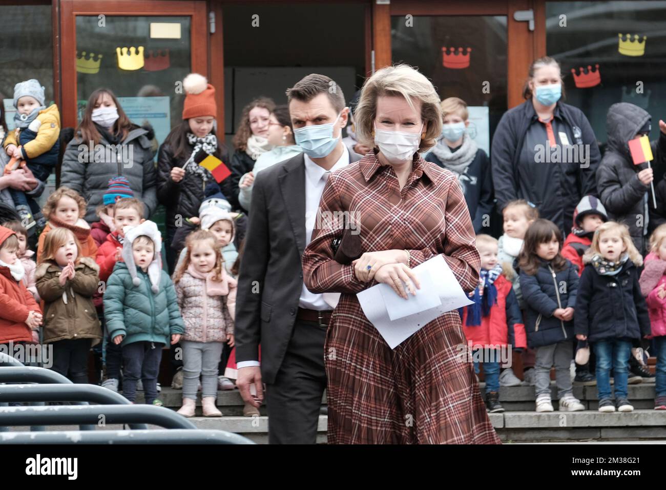 Queen Mathilde of Belgium leaves after a royal visit to the Bouge communal primary school, as part of the week against school bullying, Tuesday 22 February 2022. In partnership with the University of Peace, the school has adopted the KiVa method, which trains teachers and primary school students in conflict management and bullying prevention. The Queen takes part in a round table with trainers and teachers on the application of this method. She then takes part in an activity with the pupils of the 4th year of primary school, on the tools against bullying. This visit is part of the attention th Stock Photo