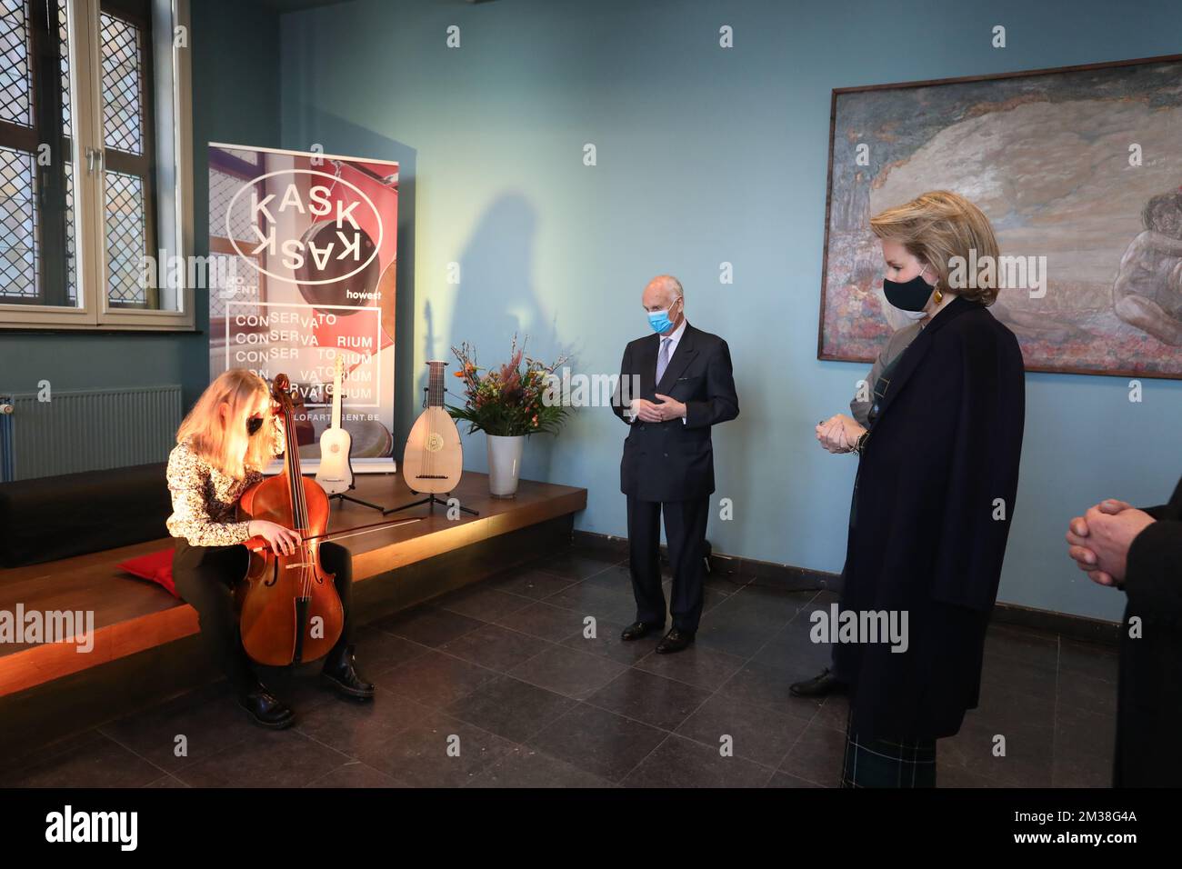 Queen Mathilde of Belgium pictured at a visit to the 'KASK & Conservatorium' music department of the School of Arts of the HOGENT and Howest institutions in Gent, Wednesday 23 February 2022. BELGA PHOTO NICOLAS MAETERLINCK Stock Photo