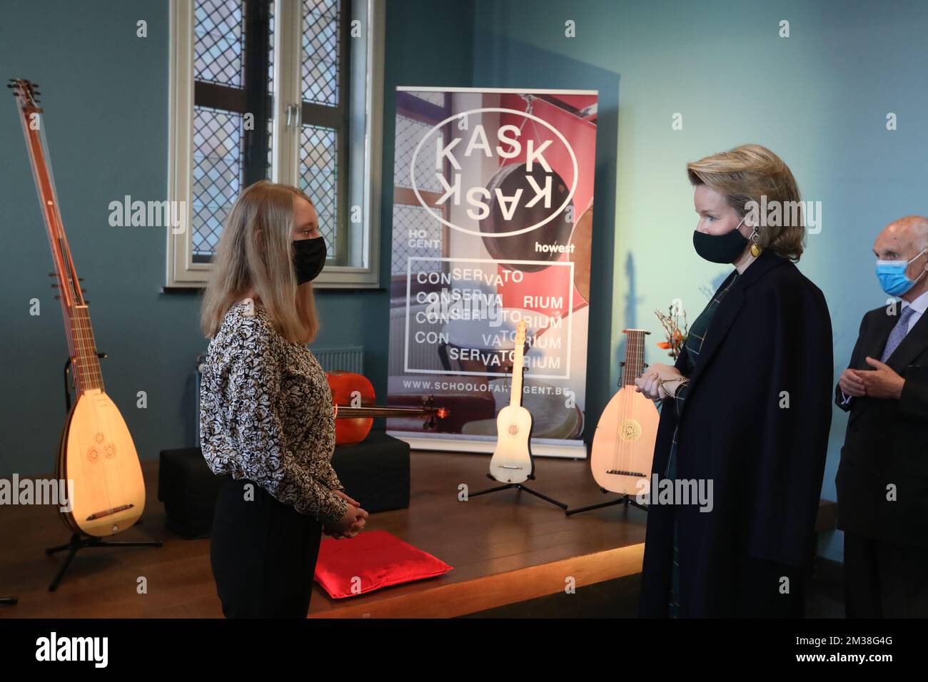 Queen Mathilde of Belgium pictured at a visit to the 'KASK & Conservatorium' music department of the School of Arts of the HOGENT and Howest institutions in Gent, Wednesday 23 February 2022. BELGA PHOTO NICOLAS MAETERLINCK Stock Photo
