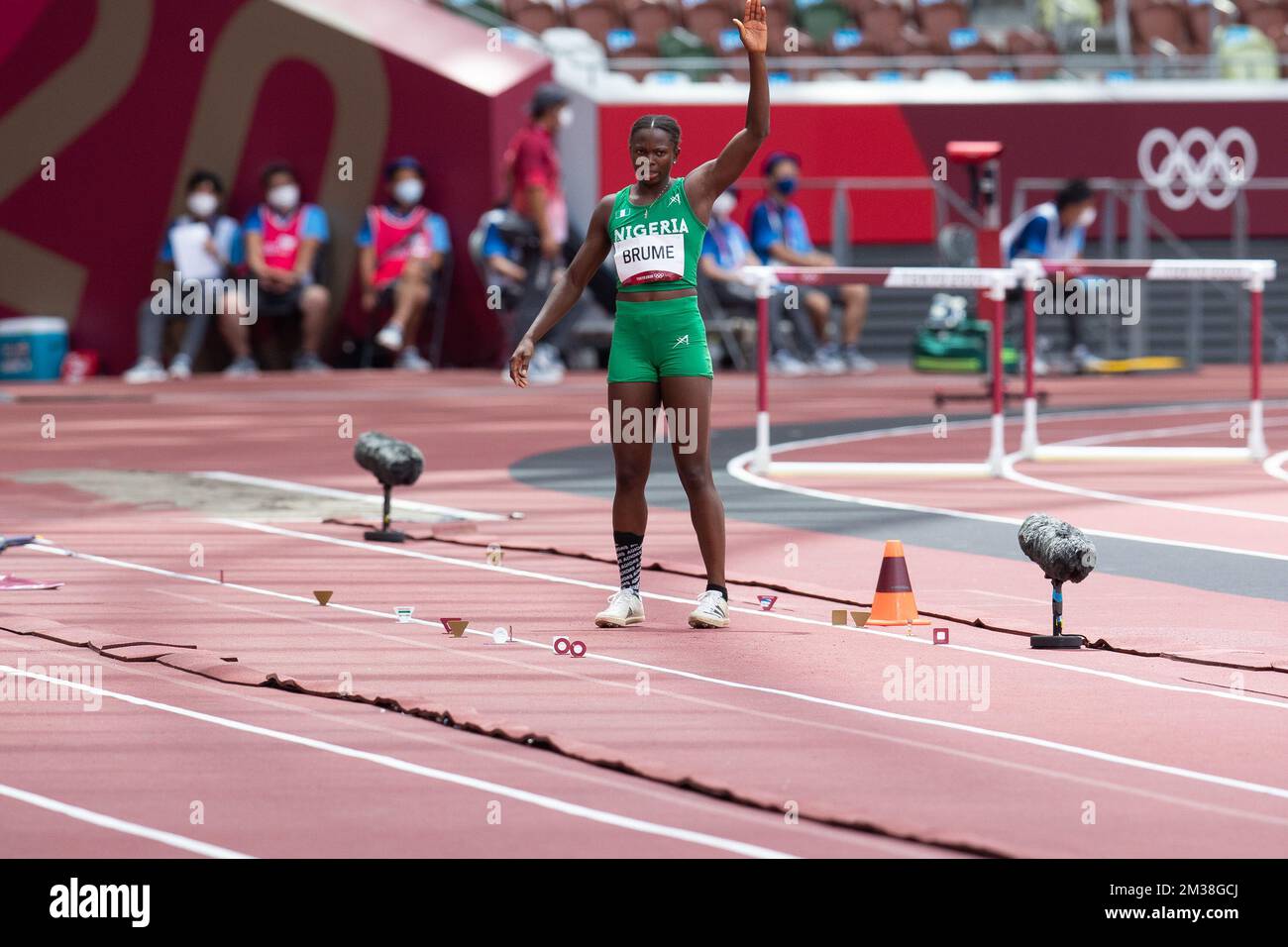 August 03, 2021 Bronze medalist Ese Brume of Nigeria prepares for a