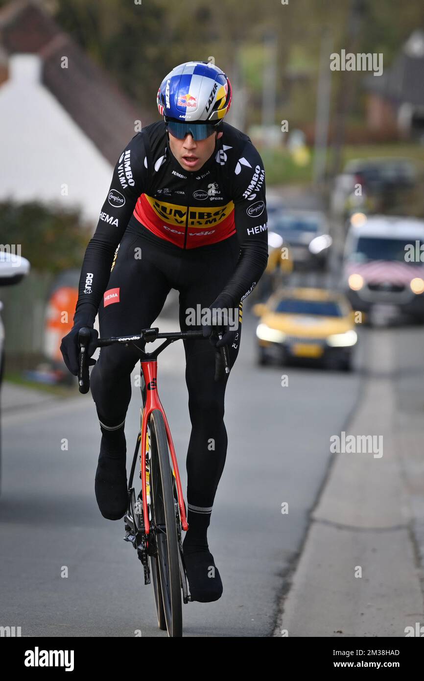Belgian Wout Van Aert of Team Jumbo-Visma pictured in action during the  reconnaissance of the track, ahead of the one-day cycling race Omloop Het  Nieuwsblad, Friday 25 February 2022, in Oudenaarde. BELGA