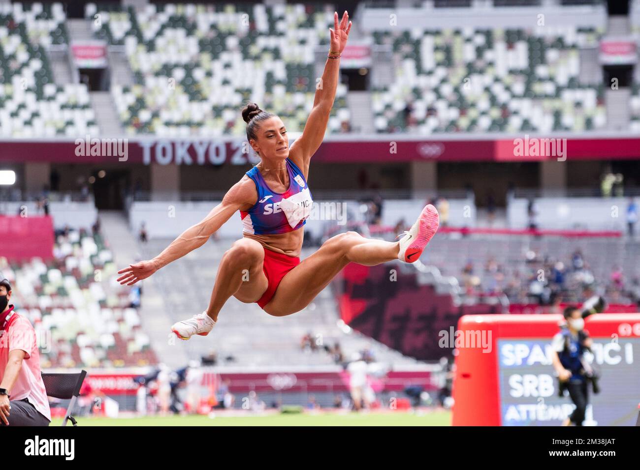 August 03, 2021 Ivana Spanovic of Serbia jumps competing in the