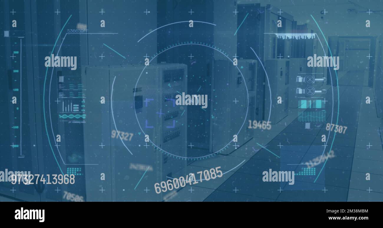 Image of scope scanning and data processing over empty office. Global communication technology and data sharing concept digitally generated image. Stock Photo