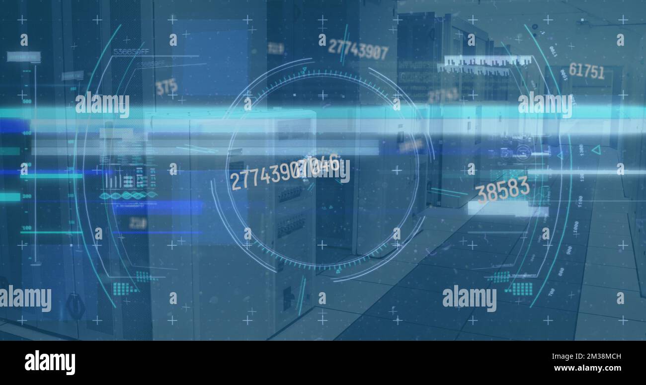 Image of scope scanning and data processing over empty office. Global communication technology and data sharing concept digitally generated image. Stock Photo