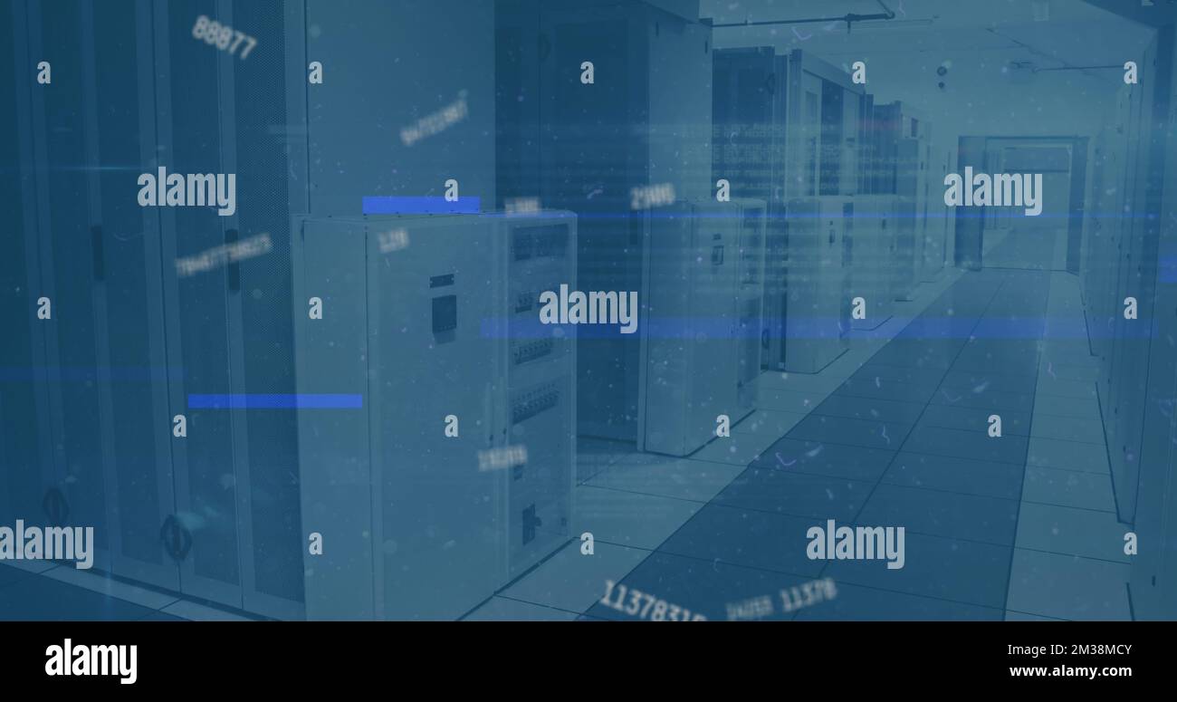 Image of scope scanning and data processing over empty office. Global communication technology and data sharing concept digitally generated image. Stock Photo