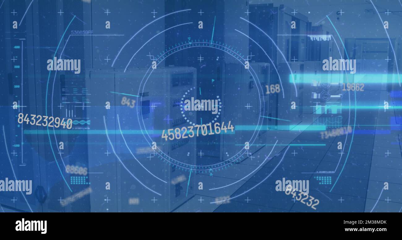 Image of scope scanning and data processing over empty office. Global communication technology and data sharing concept digitally generated image. Stock Photo