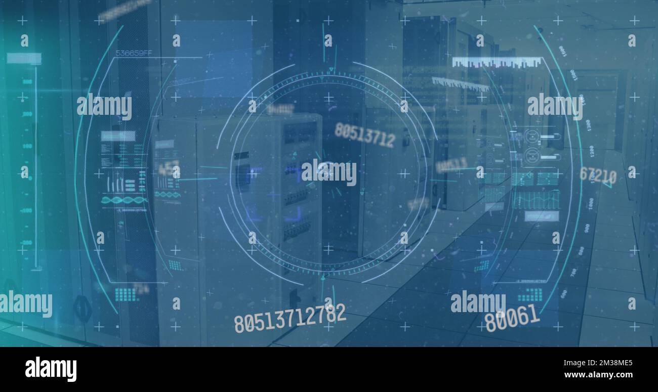 Image of scope scanning and data processing over empty office. Global communication technology and data sharing concept digitally generated image. Stock Photo