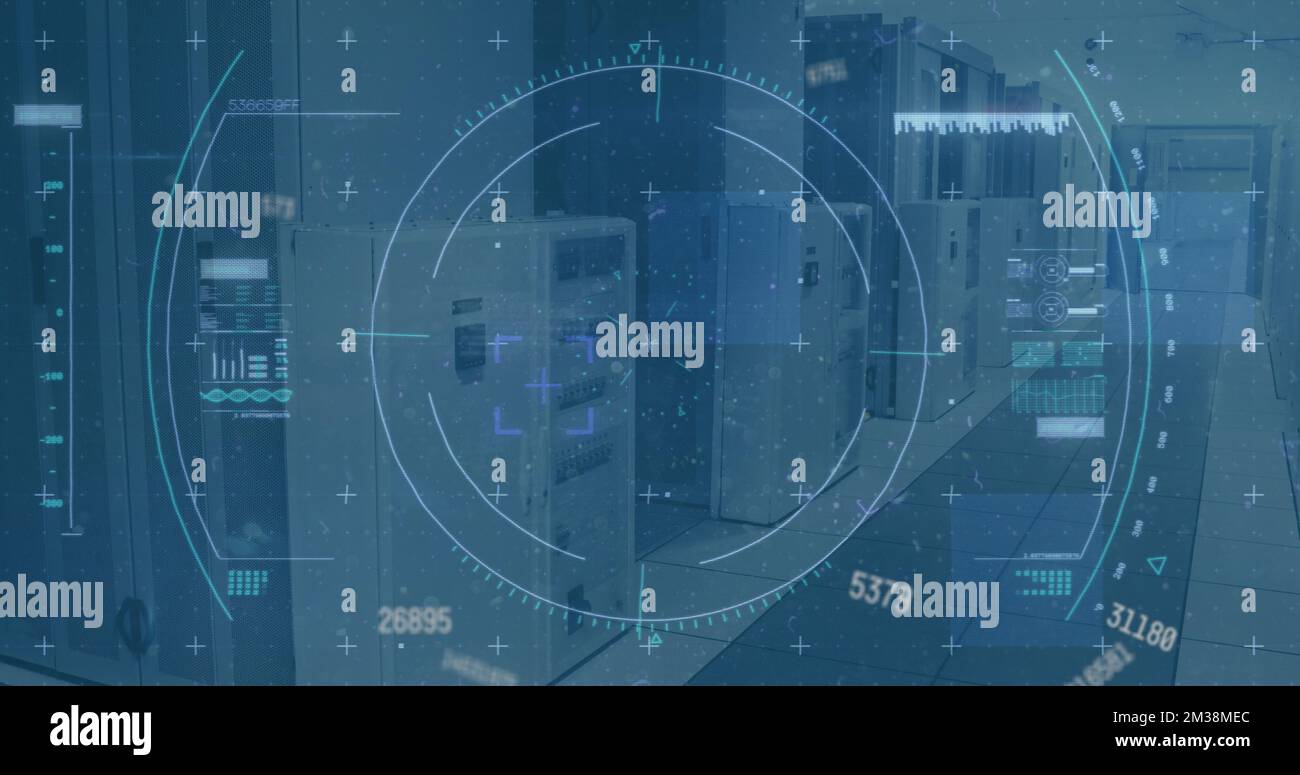 Image of scope scanning and data processing over empty office. Global communication technology and data sharing concept digitally generated image. Stock Photo