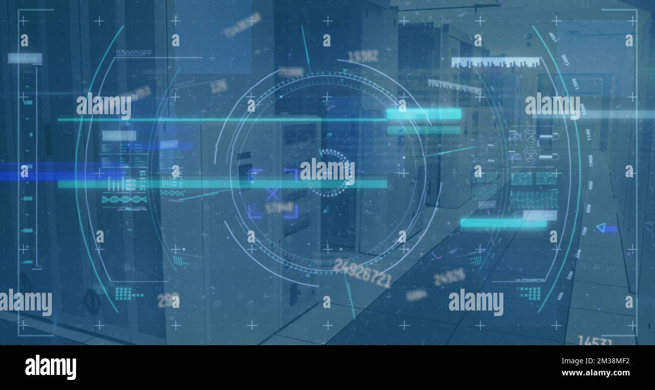 Image of scope scanning and data processing over empty office. Global communication technology and data sharing concept digitally generated image. Stock Photo