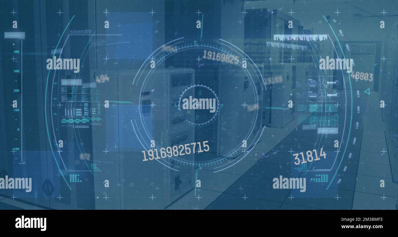 Image of scope scanning and data processing over empty office. Global communication technology and data sharing concept digitally generated image. Stock Photo
