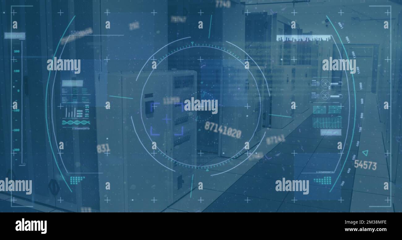 Image of scope scanning and data processing over empty office. Global communication technology and data sharing concept digitally generated image. Stock Photo