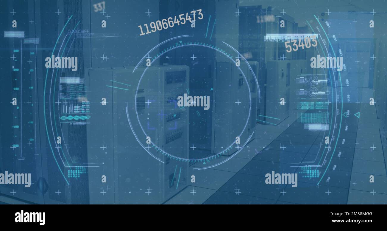 Image of scope scanning and data processing over empty office. Global communication technology and data sharing concept digitally generated image. Stock Photo