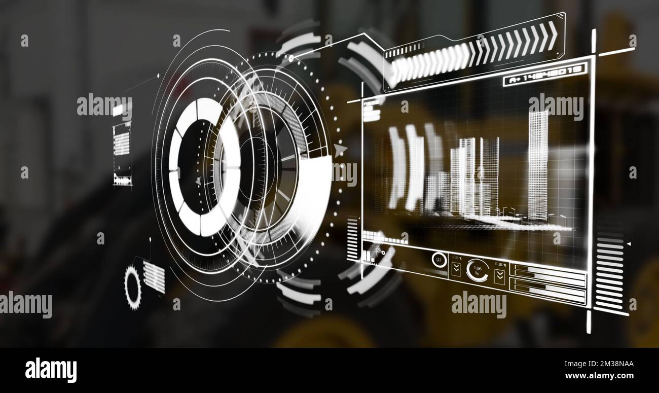 Image of scope scanning and data processing over stock market on black ...