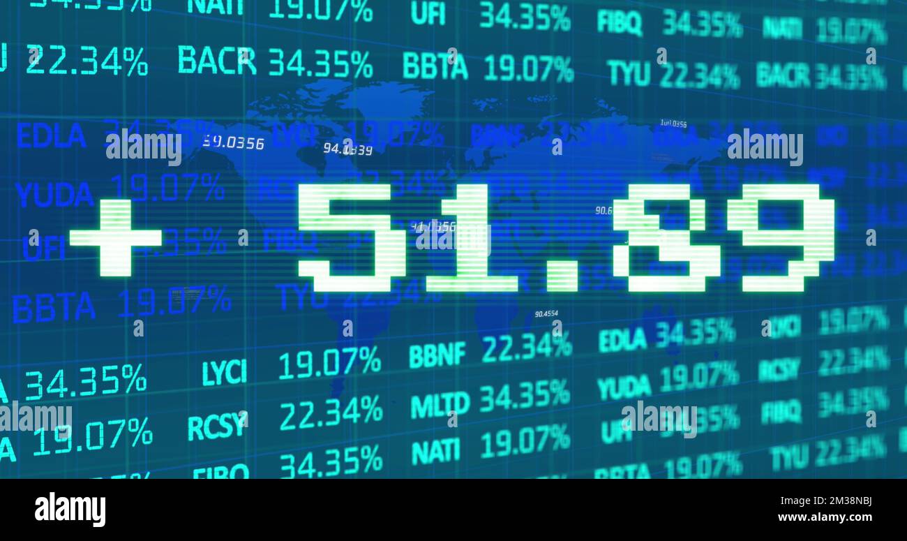 Image of addition symbol with numbers and trading board against map ...