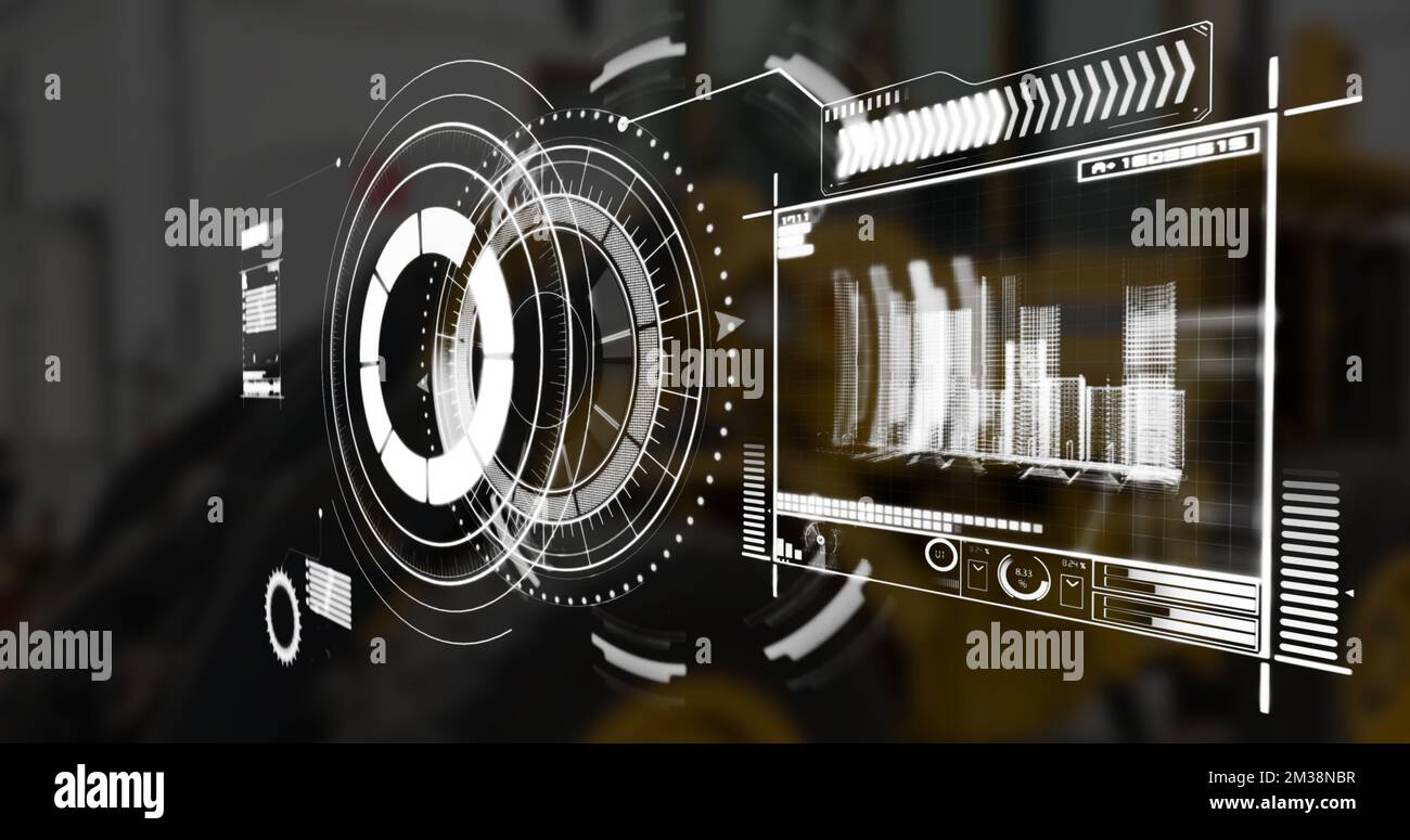 Image of scope scanning and data processing over stock market on black ...