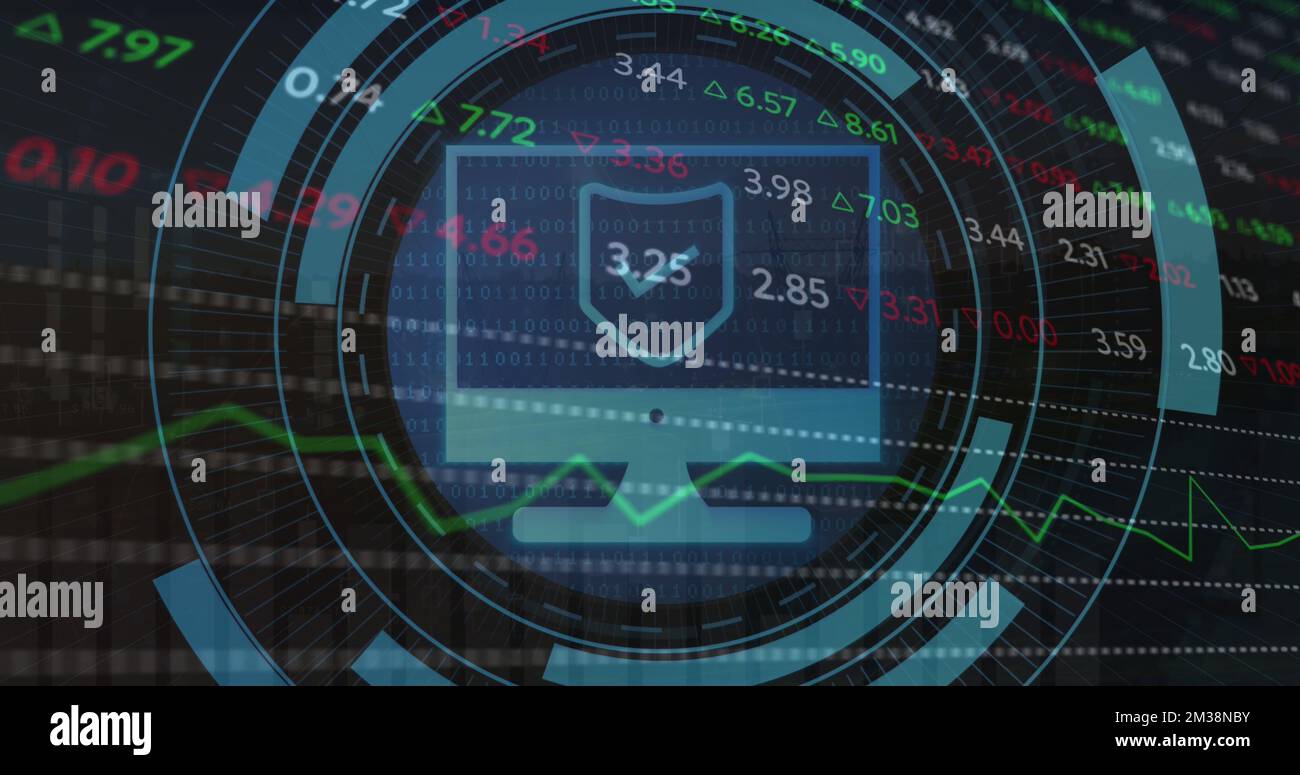 Image of scope scanning with computer icon over stock market on black ...